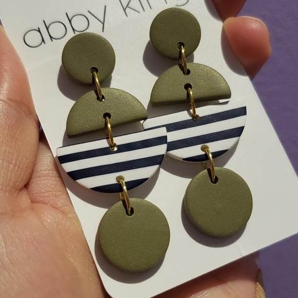 Navy and White Striped Green Earrings - Picture 3 of 7
